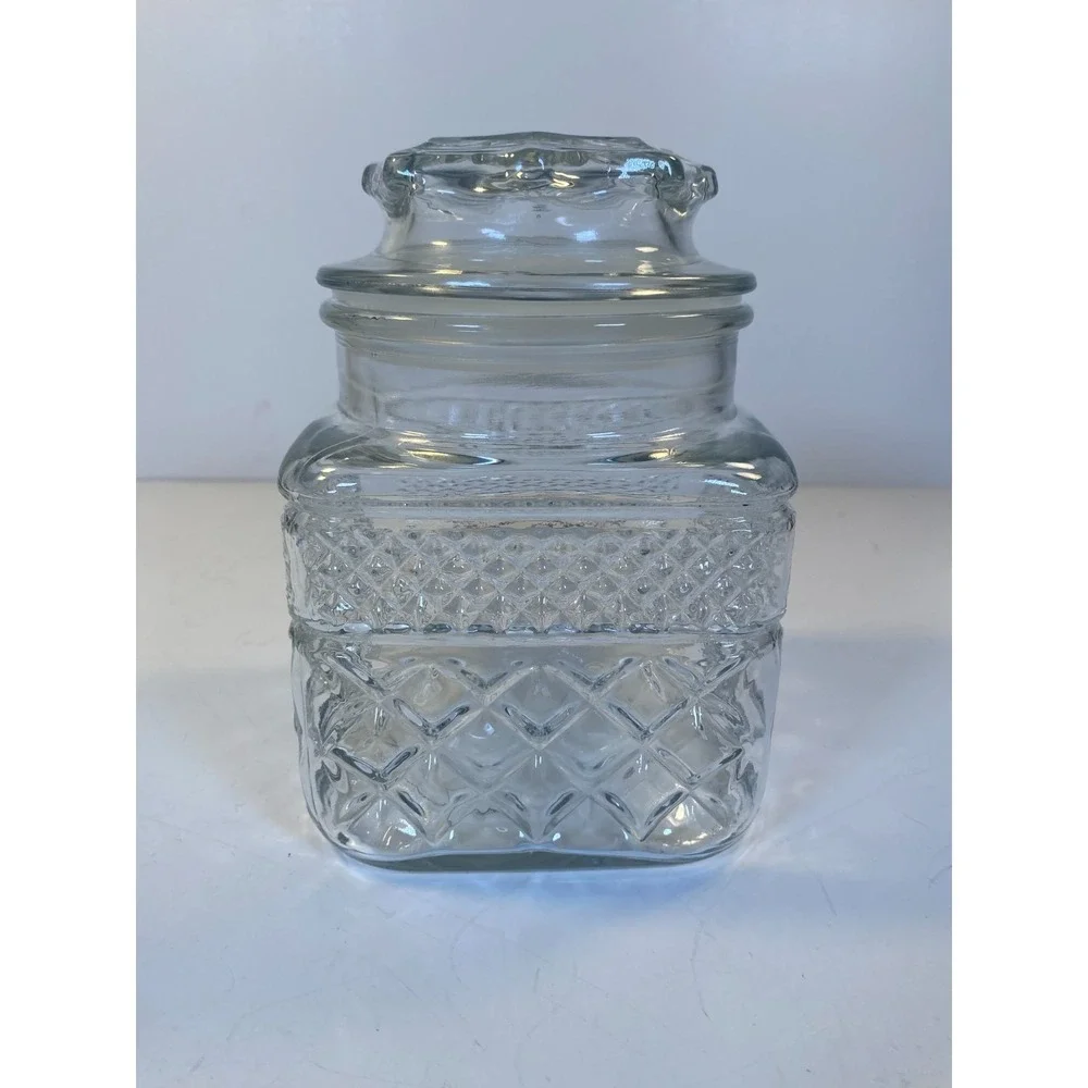 Vintage Anchor Hocking Wexford Glass Canister Jar Diamond Cut 6.5